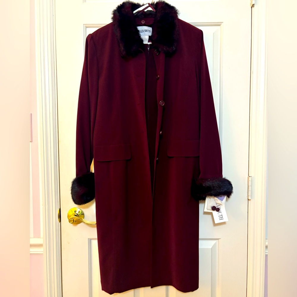 2 PIECE SET•Burgundy Coat with Faux Fur Collar & Cuff + Dress
